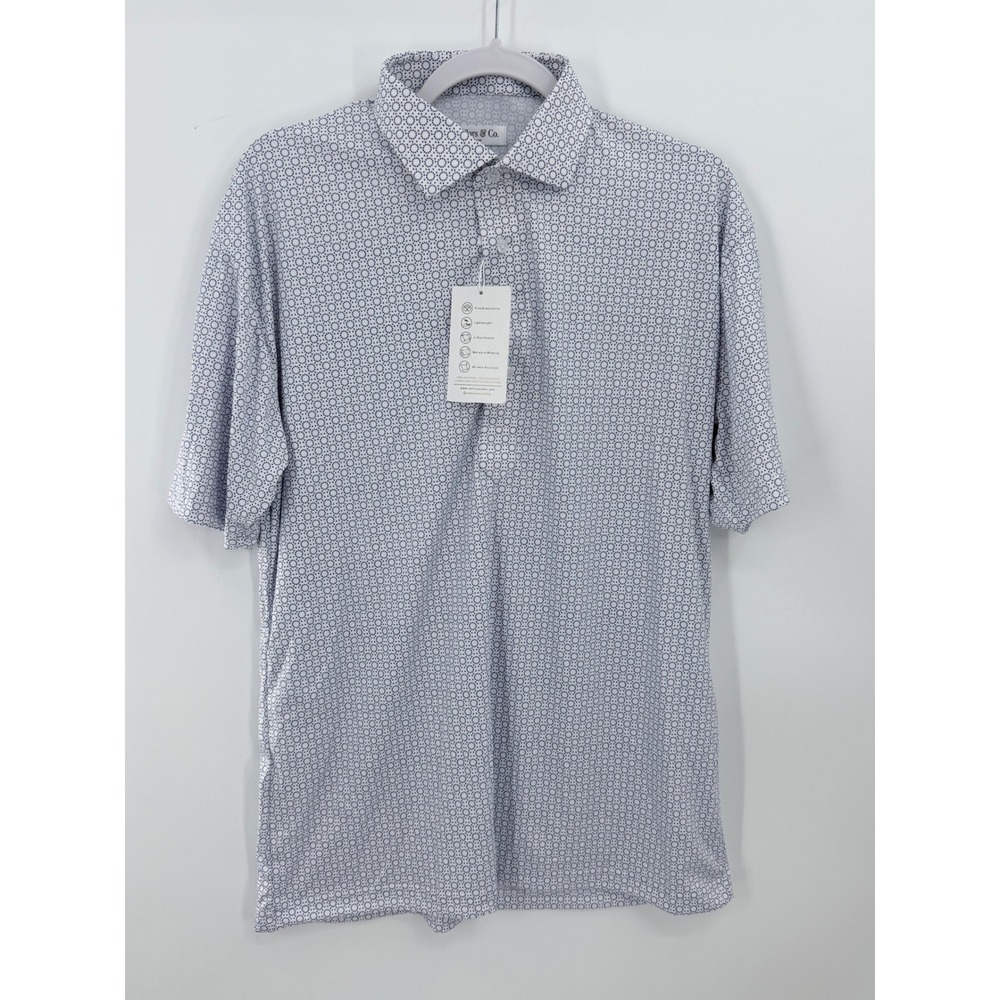 Collars & Co Dress Collar Polo Mens Large White Blue Geometric Performance NWT